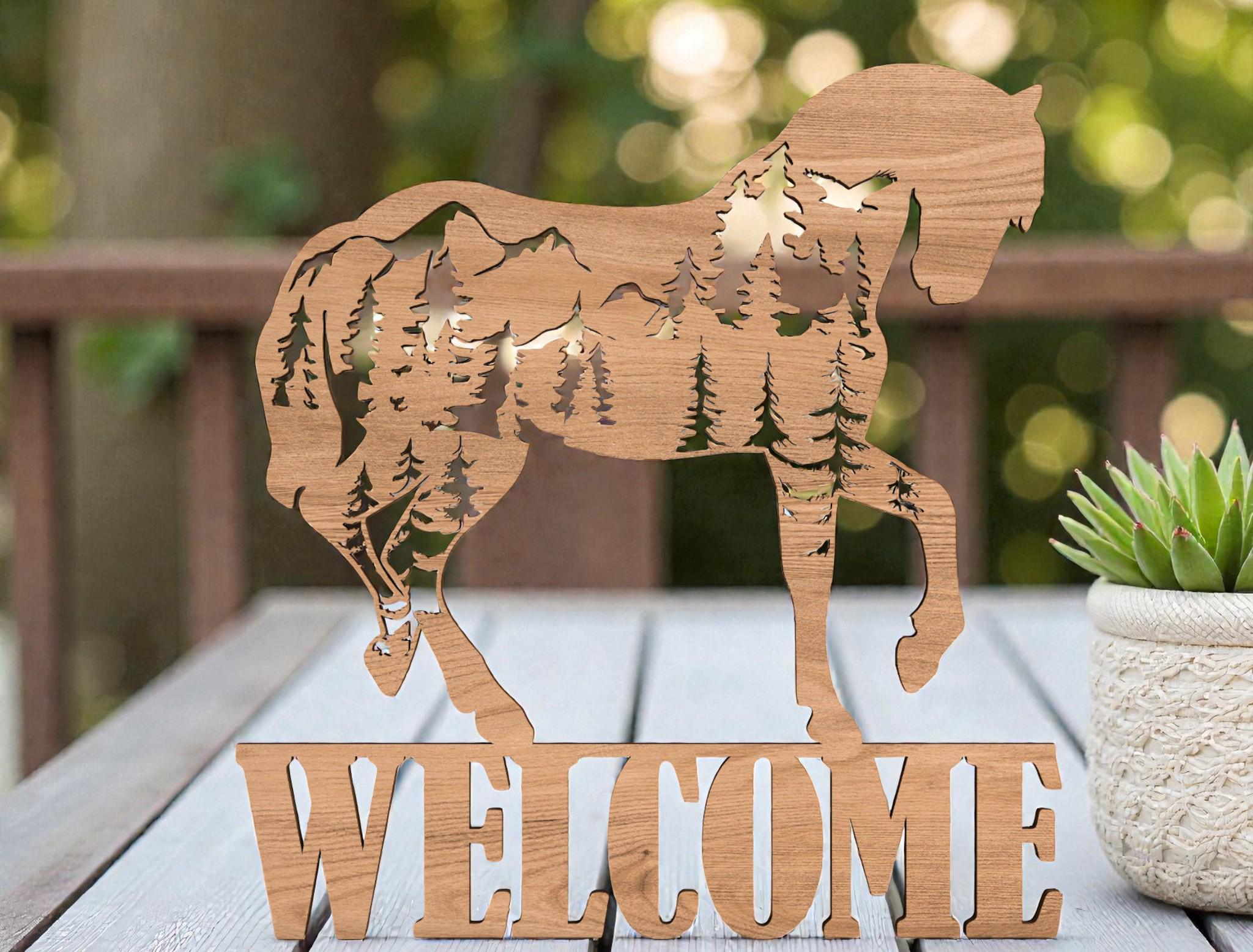 Welcome Horse Wood Sign Laser Cut File, Mountain Forest Nature Decor ...