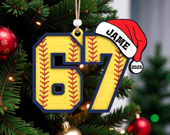 Personalized Baseball Number 67 Ornament Cut File Svg, Custom Sports Christmas Ornament, Santa Hat 2025 Ornament Svg ,Glowforge xTool