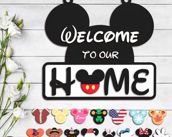 Welcome to Our Home Door Sign svg, Cartoon Mouse Head Welcome Sign Svg, Christmas Interchangeable Door Hanger SVG, Glowforge Files Svg
