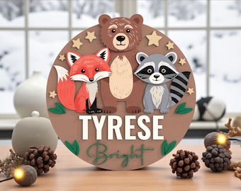 Woodland Animal Baby Name Sign SVG, Nursery Wall Decor Laser Cut File, Layered Wood Name Plaque Template, Kids Room Sign cut file