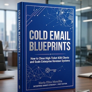 May include: A blue hardcover book titled Cold Email Blueprints: How to Close High-Ticket B2B Clients and Scale Enterprise Revenue Systems by Maria Elisa Moralita. The cover features silver text, a globe network graphic, and a key icon.