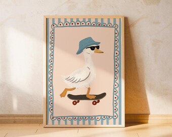 Skater Duck Wall Art Print Cool Animal Poster for Kids Blue Hat Nursery Decor Fun Duckling Illustration for Boys Girls Boho Style Montessori
