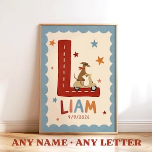 Personalized Name Print Custom Colour Initial Letter Poster Dachshund Nursery Wall Art Birth Announcement New Baby Gift Kids Decor Printable