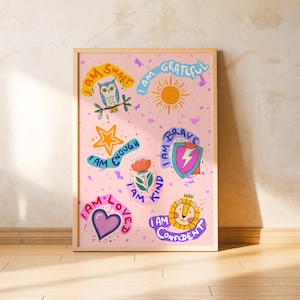 Puede incluir: Un fondo rosa con ilustraciones coloridas de animales y flores. Las ilustraciones están rodeadas de texto que dice "Soy inteligente", "Soy agradecido", "Soy suficiente", "Soy amable", "Soy valiente", "Soy amado", "Soy seguro de mí mismo".