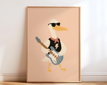 Rocker Duck Print Kids Room Decor Nursery Wall Art Guitar Goose Poster Playroom Animal Art Gift Cool Baby Modern Music Theme Montessori