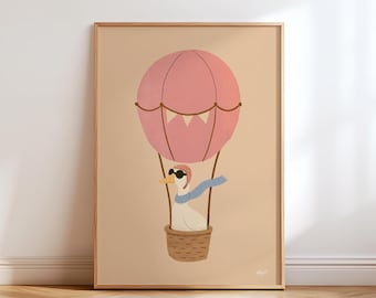 Whimsical Hot Air Balloon Goose Print Kids Room Decor Nursery Wall Art Animal Adventure Poster Playroom Modern Gift Montessori Kid Room