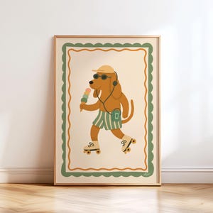 Pôster de Cachorro Patinador para Decoração de Quarto Infantil, Arte de Parede Boho com Animais, Impressão Divertida para Berçário, Ilustração para Sala de Jogos, Arte Moderna para Quarto de Menina, Estilo Montessori