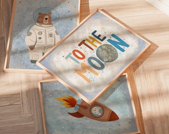 Space Nursery Wall Art Set Blue Astronaut Bear Rocket To The Moon Print Boys Room Decor Baby Gift Boho Kids Poster Modern Playroom Artwork