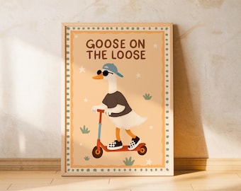 Oca su scooter, decorazione da parete per la cameretta dei ragazzi, poster con animali, stampa boho stravagante, opera d'arte per la cameretta dei bambini, disegnata a mano, stampabile, stile Montessori