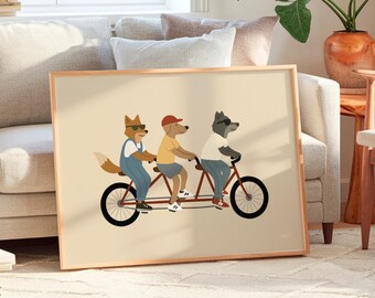 Wandbilder mit Tieren fürs Kinderzimmer zum Ausdrucken: Verspielte Tiere auf Fahrrädern, süßes Tierposter, Geschenk zur Babyparty, Spielzimmer-Kunst