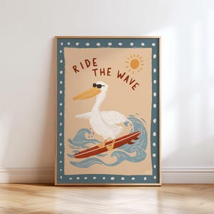 Surfer Pelican Wall Art Kids Room Decor Beach Nursery Print Coastal Animal Poster Ride The Wave Ocean Theme Playroom Gift Montessori Art