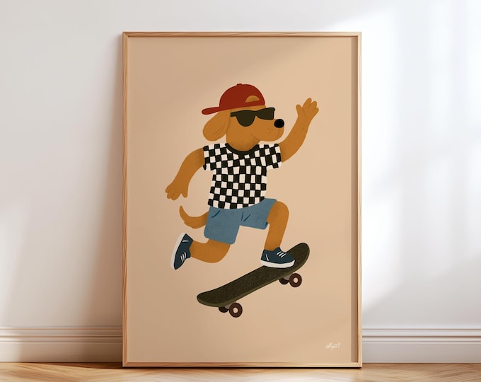 Cool Skater Dog Print Kids Room Decor Nursery Wall Art Animal Skateboard Poster Playroom Modern Pet Art Gift Urban Montessori Kid Room
