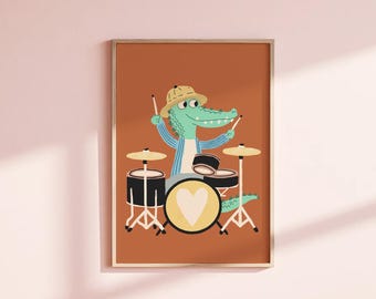 Stampa murale con coccodrillo per la cameretta dei bambini, stampa di animali boho, decorazione per la cameretta dei bambini, stampa di rettili stravaganti, opera d'arte per la sala giochi, tema scandinavo della giungla.