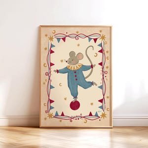 Vintage circus mouse wall art featuring a whimsical mouse balancing on a circus ball with decorative carnival inspired details