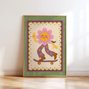 Flower Power Wall Art Print Retro Kids Room Decor Boho Skateboard Poster Playful Nursery Artwork Groovy Girl Bedroom Print Peace Sign Art