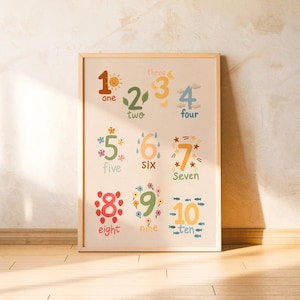 Poster con i numeri per la cameretta dei bambini, decorazione murale educativa da 1 a 10 per la scuola materna, apprendimento dei numeri, stile boho scandinavo, Montessori Space