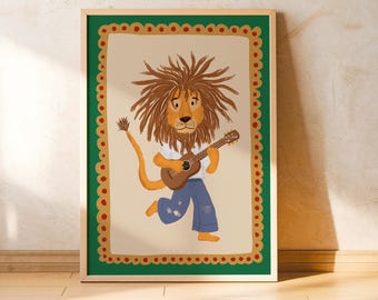 Reggae Lion Wall Art Kids Room Decor Jungle Animal Poster Whimsical Nursery Illustration Hand Drawn Playroom Artwork Guitar Music Theme