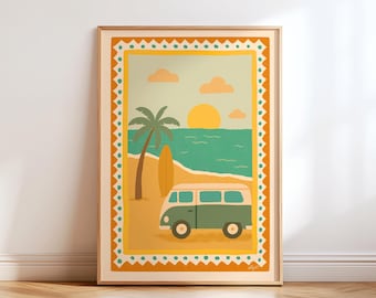 Surf Van Wall Art for Kids Room Boho Beach Nursery Poster Coastal Sunset Print Tropical Ocean Decor Gender Neutral Summer Artwork Printable