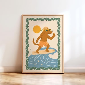 Surfer Dog Wall Art Kids Room Decor Beach Nursery Poster Boho Animal Print for Boys Room Girls Summer Vibes Artwork Montessori art