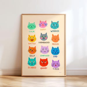Affiche des émotions des chats - Décoration murale pour enfants - Tableau des sentiments à imprimer - Éducatif - Décoration pour chambre d'enfant ou salle de jeux - Style Montessori