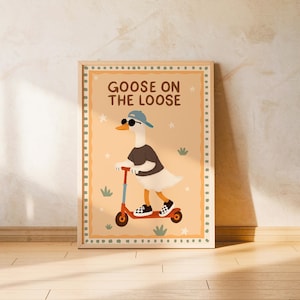 Goose on Scooter Wall Art Boys Room Decor Animal Poster Whimsical Boho Print Nursery Artwork Hand Drawn Kids Playroom Printable Montessori