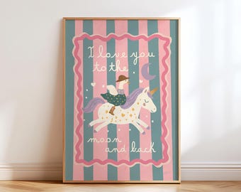 Whimsical Unicorn Wall Art Retro Kids Room Decor Magical Nursery Print Pastel Illustration Girl Bedroom Poster