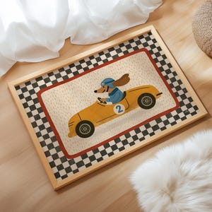 Racing Wall Art Dog Car Print Kids Room Decor Nursery Illustration Playroom Poster Retro Animal Artwork Toddler Decor Whimsical Printable