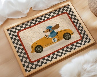 Racing Wall Art Dog Car Print Kids Room Decor Nursery Illustration Playroom Poster Retro Animal Artwork Toddler Decor Whimsical Printable