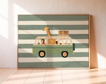 Safari Animals in Car Print Nursery Wall Art Jungle Animal Poster Kids Room Decor Giraffe Lion Monkey Driving Art Kids Illustration
