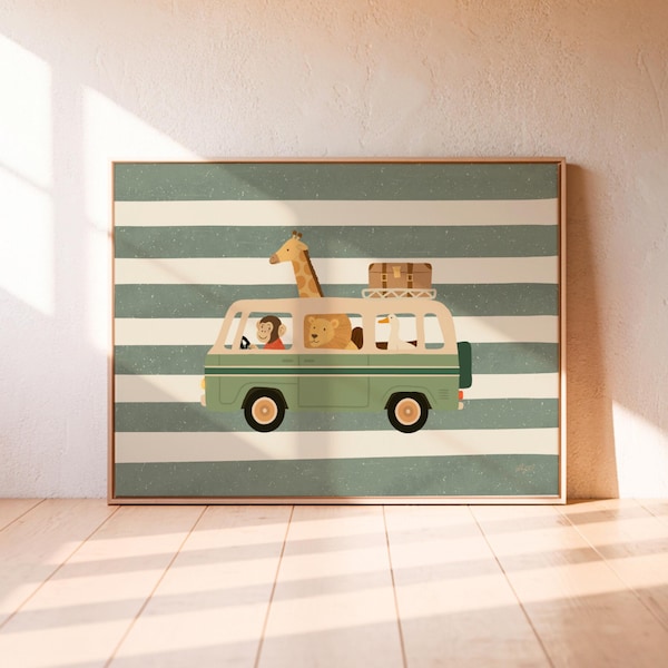 Safari Animals in Car Print Nursery Wall Art Jungle Animal Poster Kids Room Decor Giraffe Lion Monkey Driving Art Kids Illustration