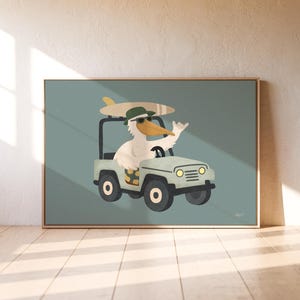 Pelican driving off road car kids wall art, beach nursery decor, boho animal poster, gender neutral kids room art