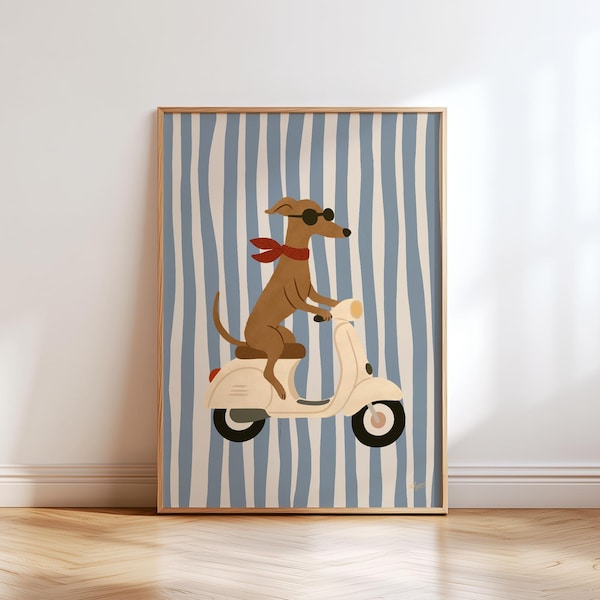Printable Dog On Scooter Wall Art Cool Animal Nursery Poster Baby Room Decor scooter Puppy Illustration Kids Room Wall Print Toddler Art