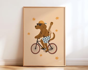 Fahrrad-Hund-Print Kinderzimmerdeko Wandbild Spielzimmer Poster Geschlechtsneutrales Babygeschenk Modernes Tier Haustier Fahrradfahren Wandbild zum Ausdrucken
