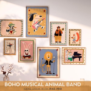 Boho Musical Animal Posters Set Retro Folk Nursery Wall Art Kids Room Decor Playroom Print Whimsical Music Band Artwork Montessori Style