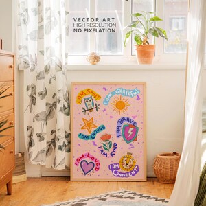 May include: A pink framed poster with a pink background and colorful illustrations of animals and stars. The poster has the text "I am smart", "I am grateful", "I am brave", "I am enough", "I am loved", "I am only", and "I am confident".