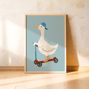 Goose on Scooter Wall Art Duck Illustration Nursery Poster Animal Print for Baby Boy Room Playroom Decor Kids Bedroom Artwork Cute Bird