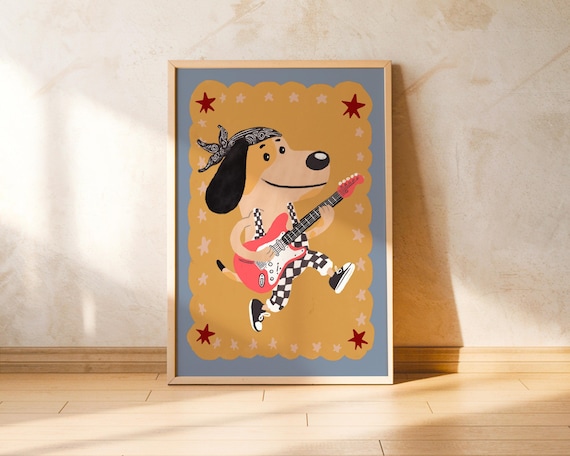 Boho Rocker Dog Poster Whimsical Dog Artwork Music Wall Retro