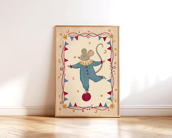 Vintage Circus Mouse Wall Art Circus Nursery Decor Whimsical Animal Print Storybook Nursery Art Retro Kids Room Decor