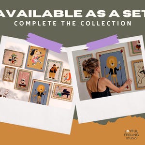 May include: A set of colorful animal illustrations in frames, featuring a lion, a dog, a rabbit, and a bird. The text "AVAILABLE AS A SET COMPLETE THE COLLECTION" is displayed above the frames.