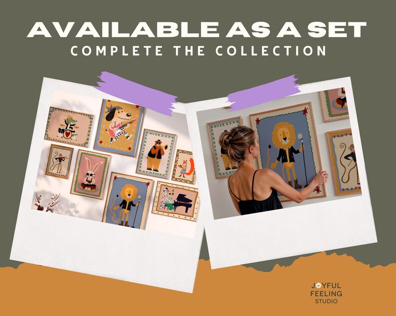 May include: A set of colorful animal illustrations in frames, featuring a lion, a dog, a rabbit, and a bird. The text "AVAILABLE AS A SET COMPLETE THE COLLECTION" is displayed above the frames.