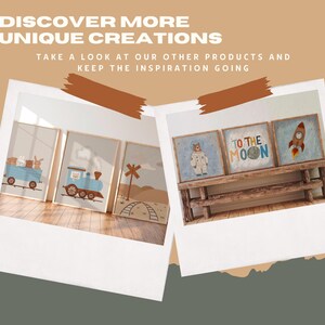 May include: Three framed prints with illustrations of a train, a rocket, and a bear wearing a space suit. The prints are displayed on a wooden shelf. The train print features a blue train with brown wheels and a yellow and orange striped caboose. The rocket print features a red and white rocket with a blue flame. The bear print features a brown bear wearing a white space suit with a blue helmet. The prints have the text "To the Moon" on one of them.
