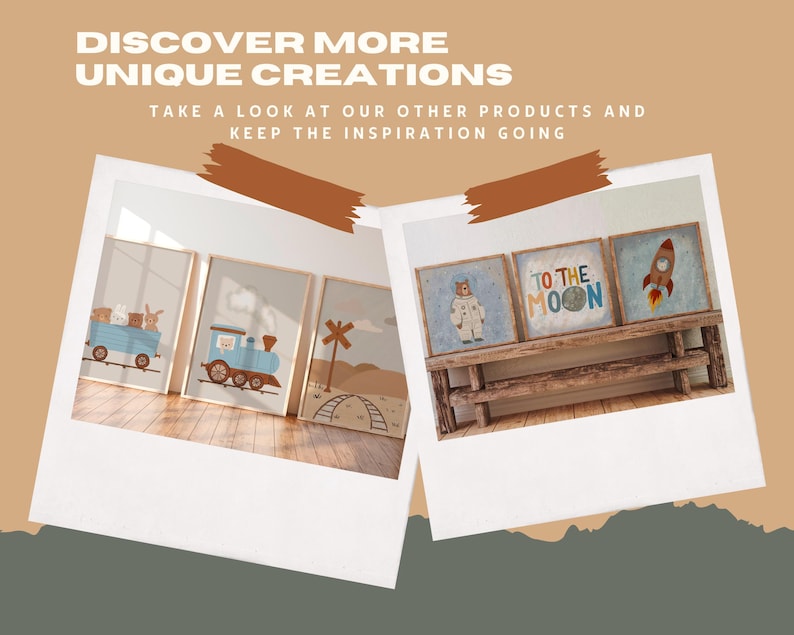 May include: Three framed prints with illustrations of a train, a rocket, and a bear wearing a space suit. The prints are displayed on a wooden shelf. The train print features a blue train with brown wheels and a yellow and orange striped caboose. The rocket print features a red and white rocket with a blue flame. The bear print features a brown bear wearing a white space suit with a blue helmet. The prints have the text "To the Moon" on one of them.