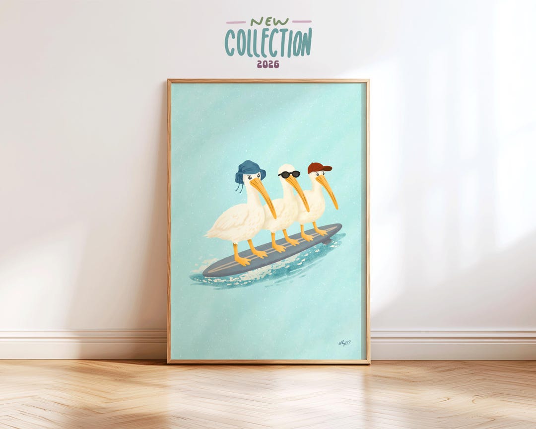 Surfing Pelican Wall Art Coastal Nursery Decor Beach Kids Room