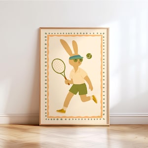 Decorazione murale per cameretta dei ragazzi con tema tennis, poster di animali sportivi per bambini, opera d'arte boho-chic con coniglietto, decorazione scandinava per la sala giochi Montessori