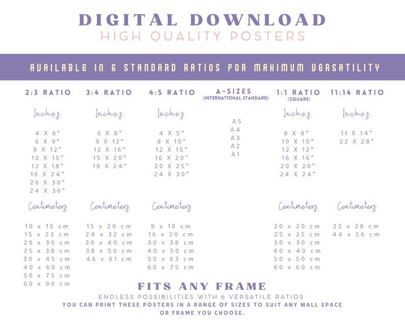 May include: A digital download poster with size options in inches and centimeters. The poster offers six standard ratios for maximum versatility, including A-sizes. The text reads "Digital Download High Quality Posters" and "Fits Any Frame".