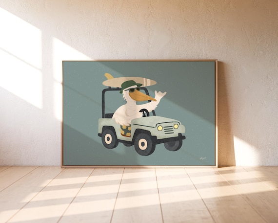 Kids Wall Art Beach Nursery Decor Pelican Off Road Car Poster Surfer Animal Print Boho Coastal Baby Room Neutral Decor