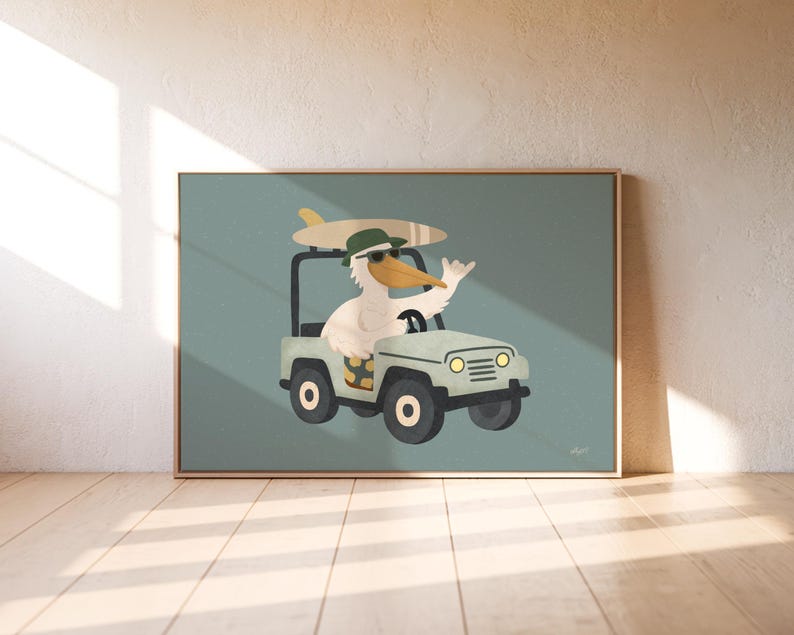 Pelican driving off road car kids wall art, beach nursery decor, boho animal poster, gender neutral kids room art