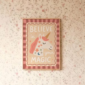 Whimsical unicorn poster with magical quote for kids bedroom