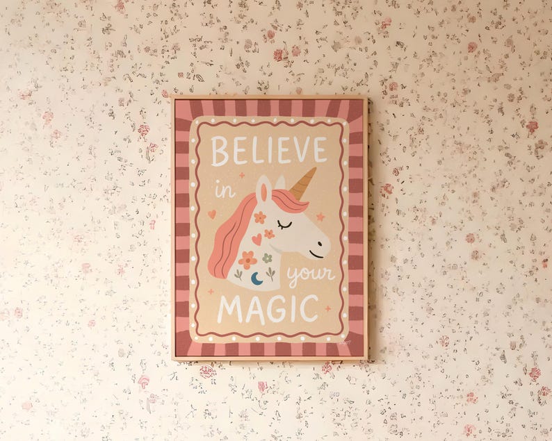 Whimsical unicorn poster with magical quote for kids bedroom