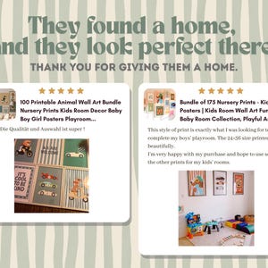 May include: Image features two product listings for nursery art prints. One listing offers a bundle of 100 animal wall art prints, and the other offers a bundle of 175 nursery prints. The image includes customer reviews and the text: "They found a home, and they look perfect there."